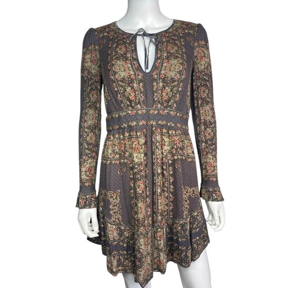 Free People Women's S/P Brown Floral Boho Tie Festival Tunic Mini Dress EUC - Picture 1 of 4